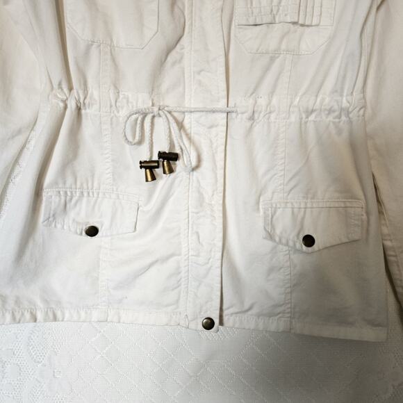 Marci Small Women 100% White Cotton Cargo Jacket Snap Buttons Tie Waist Utility - Picture 5 of 9